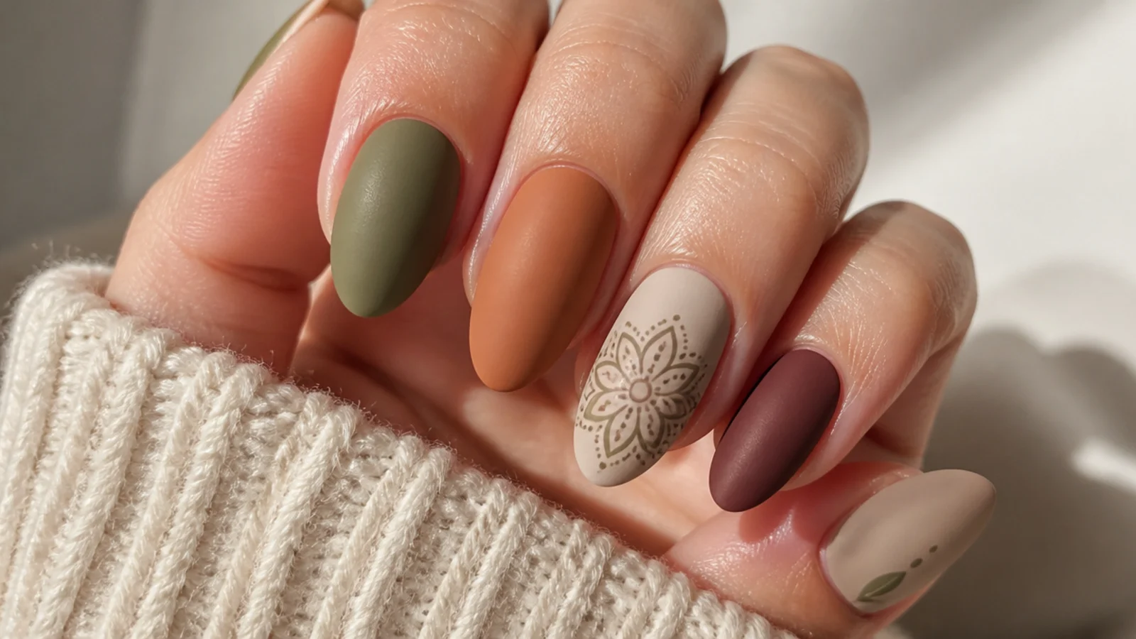 A sealed matte earth-tone mandala manicure with cuticle oil