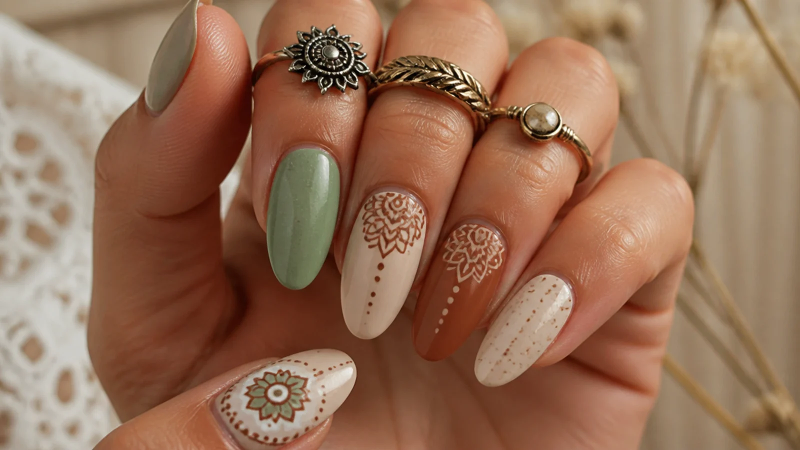 Earth-tone mandala nails styled with rings for a festival look