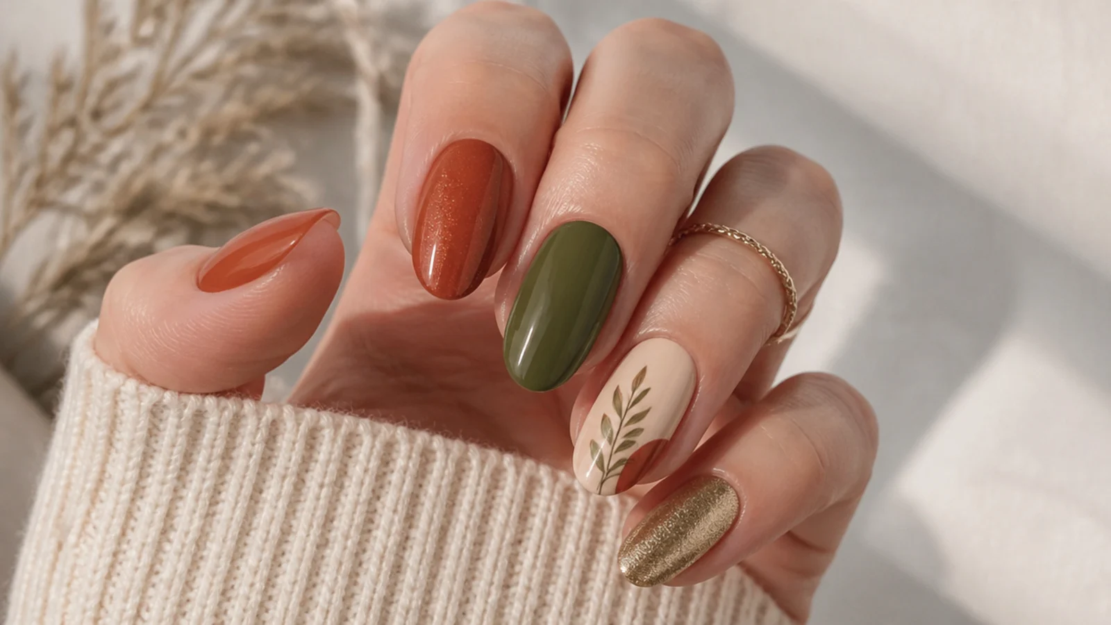 Swatches of terracotta, rust, olive, sage, cream and muted gold nail gels