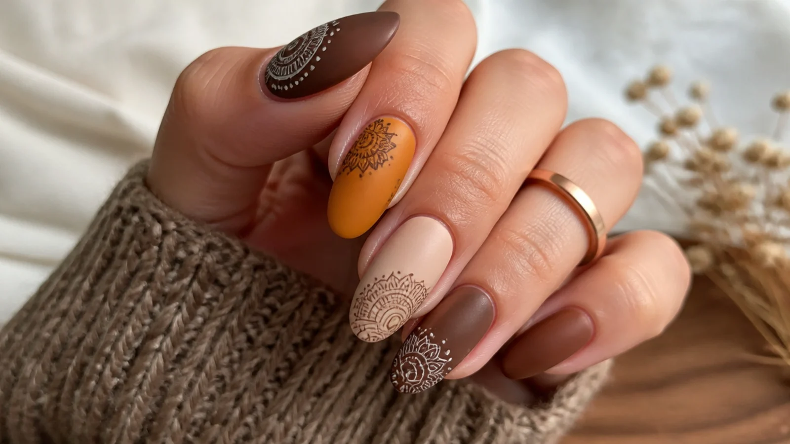 Almond and oval nails with matte earth-tone mandala designs