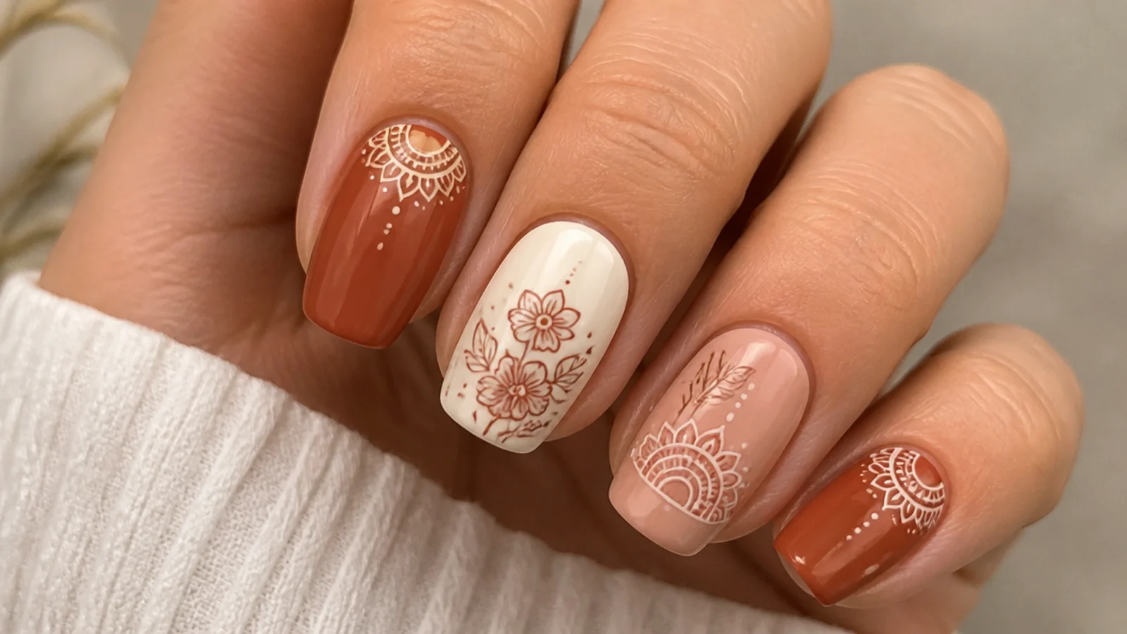 Earthy terracotta and cream nails with mandala and floral line work