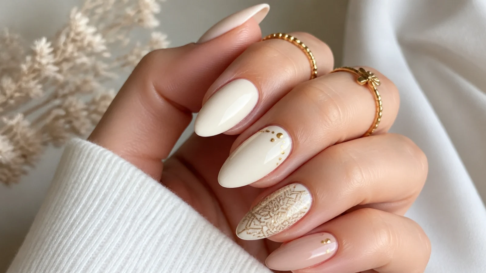 Cream boho nails with a hand-drawn gold mandala accent nail