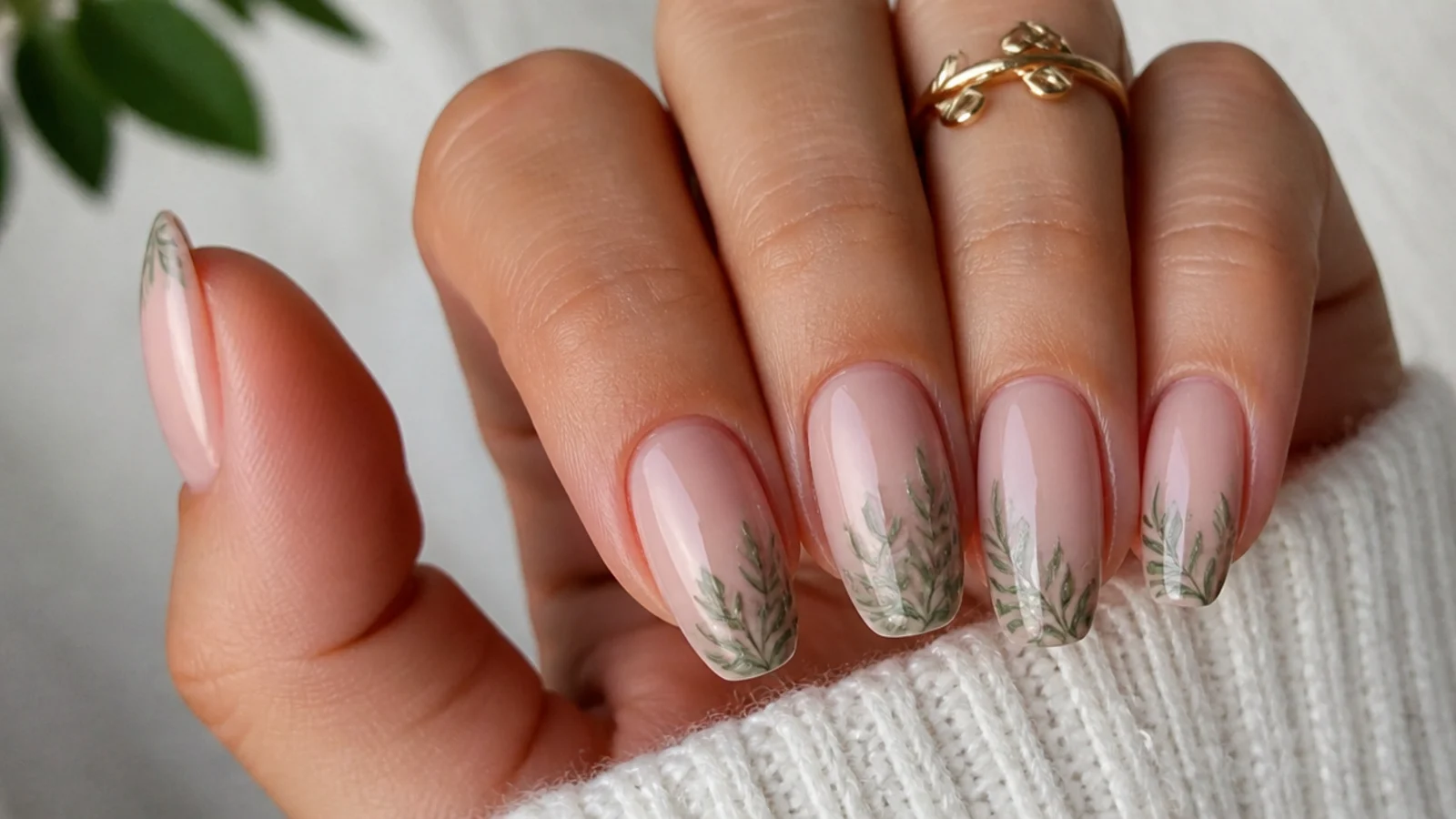 Nude boho nails with sage green fern sprigs painted at the tips