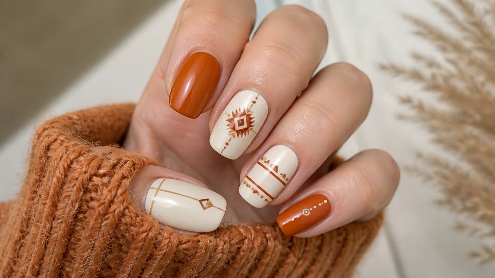 Rust and cream boho nails with western aztec geometric lines