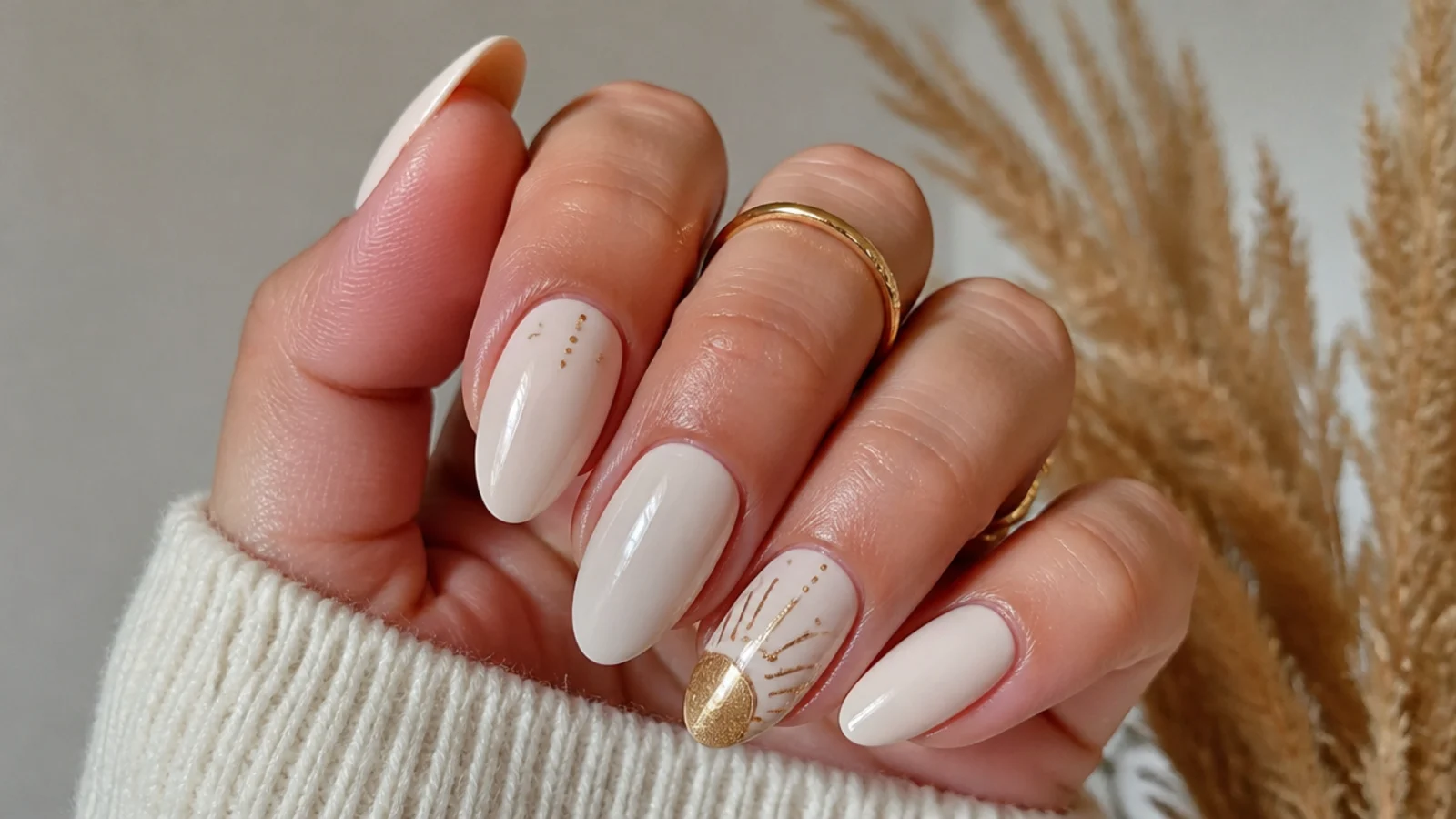 Cream boho nails with a muted gold sun and rays accent
