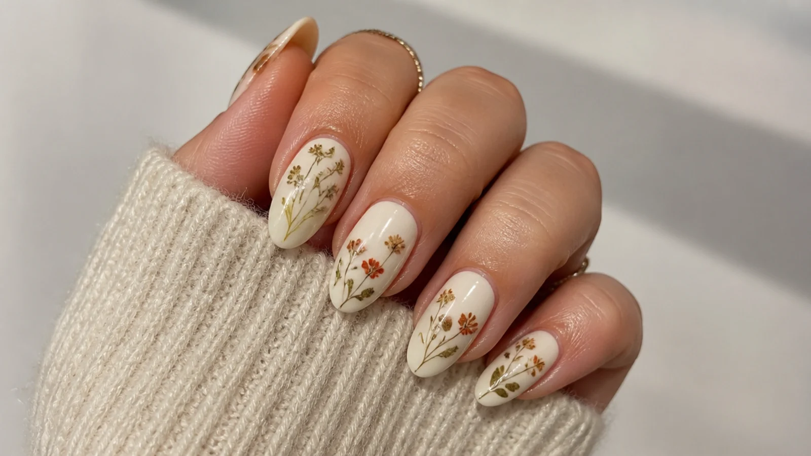 Cream boho nails with small olive and rust pressed flowers