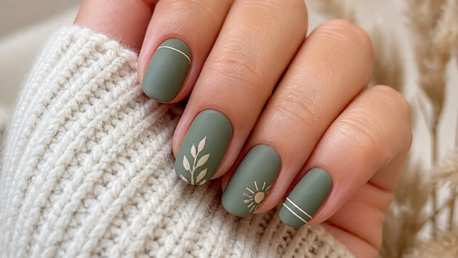 Muted sage green matte boho nails on short oval shape
