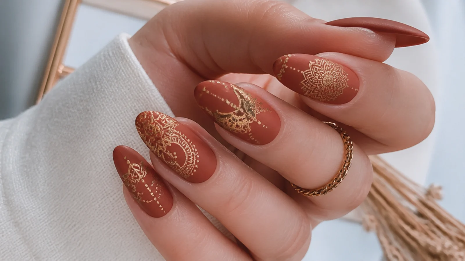 Rust boho nails with an intricate gold mandala pattern