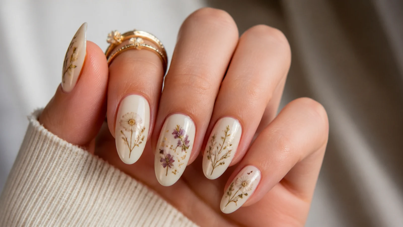 Cream boho nails with pressed wildflower and sprig details