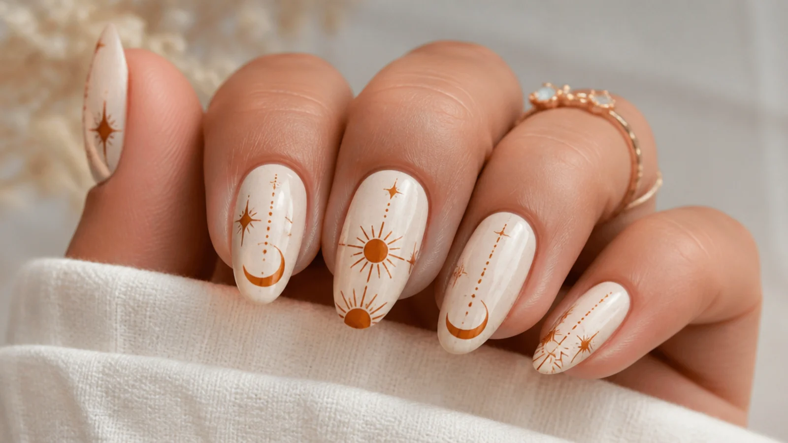 Cream boho nails with burnt orange sun and crescent moon motifs