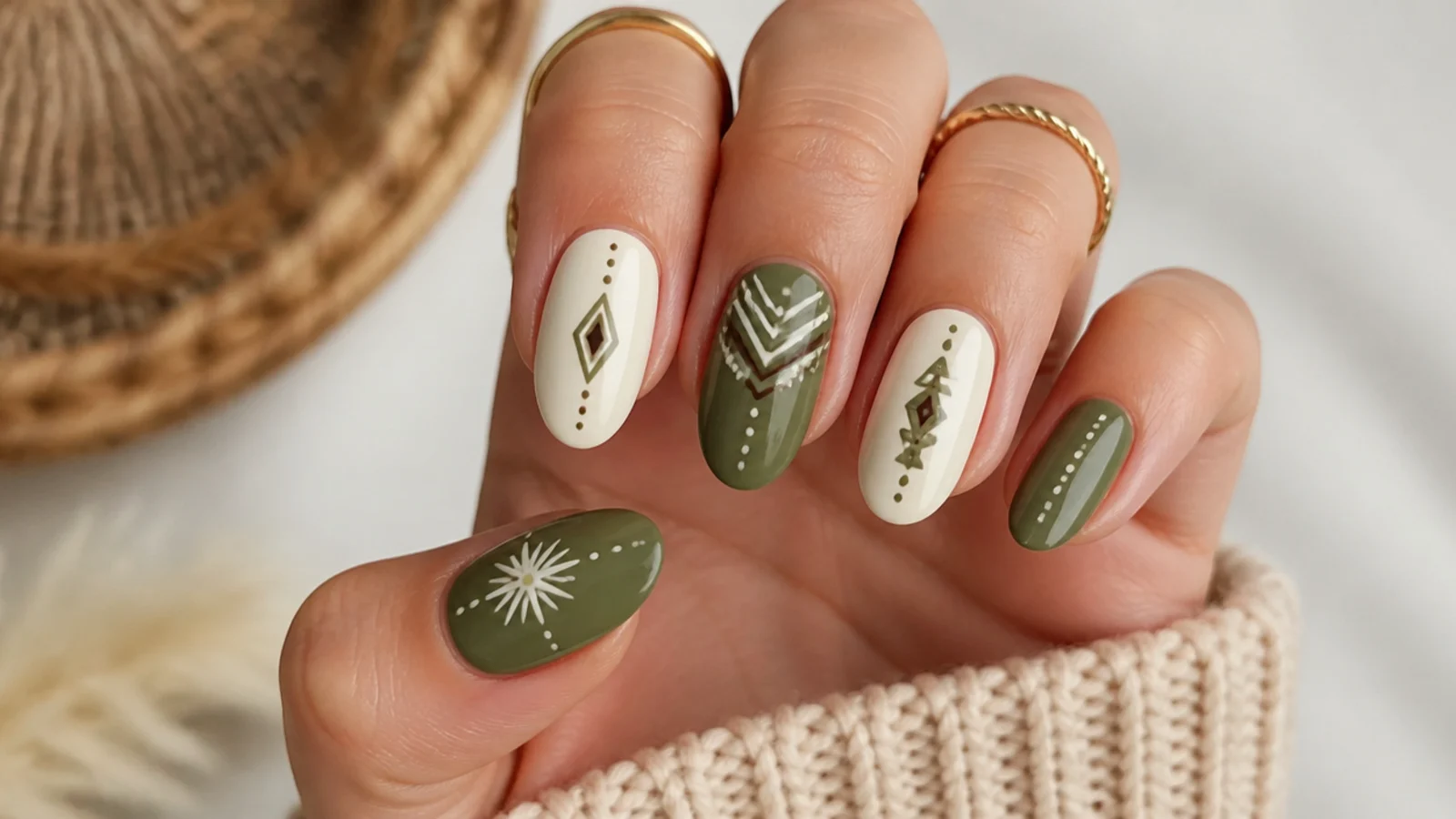 Olive and cream boho nails with aztec geometric linework