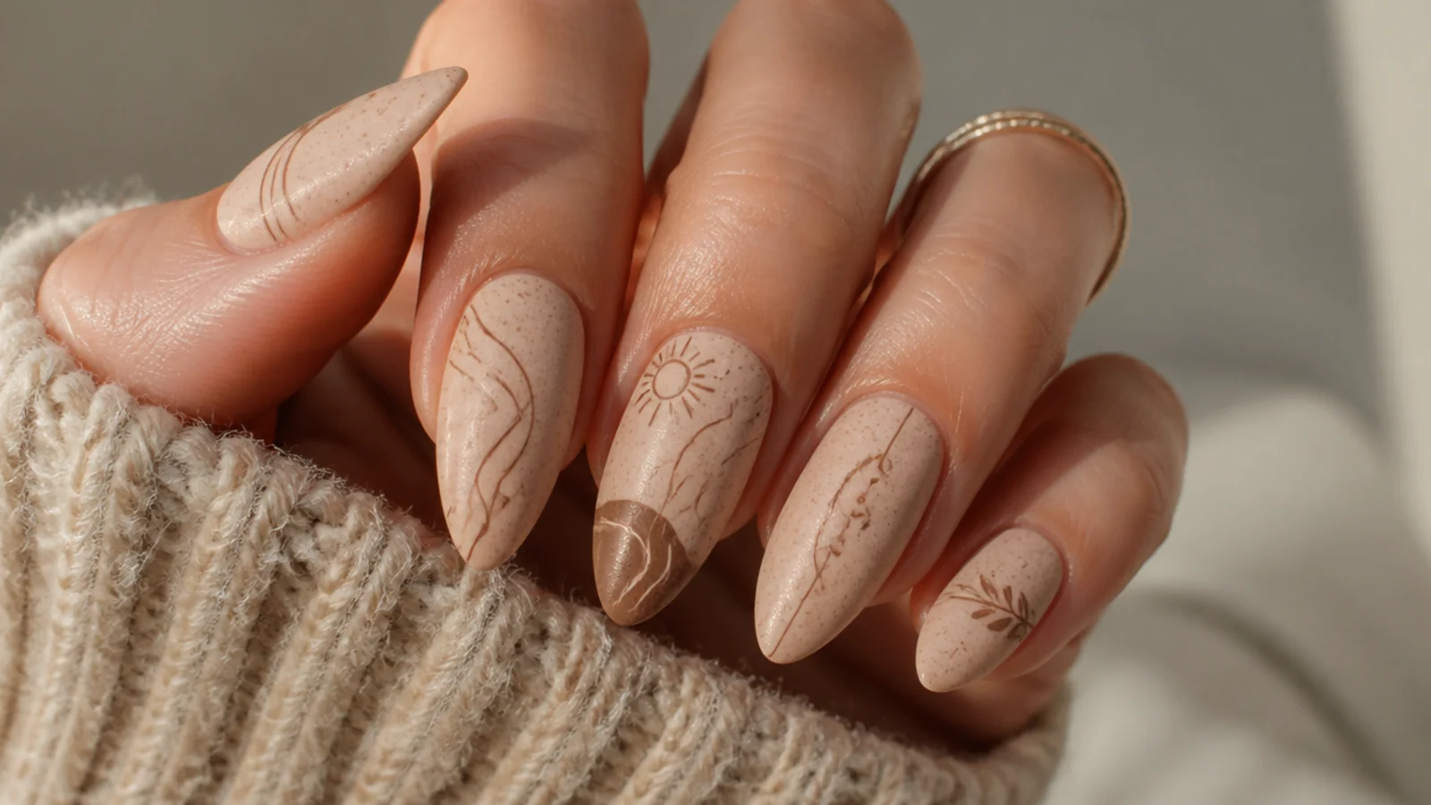 Sandy nude boho nails with fine brown abstract line art