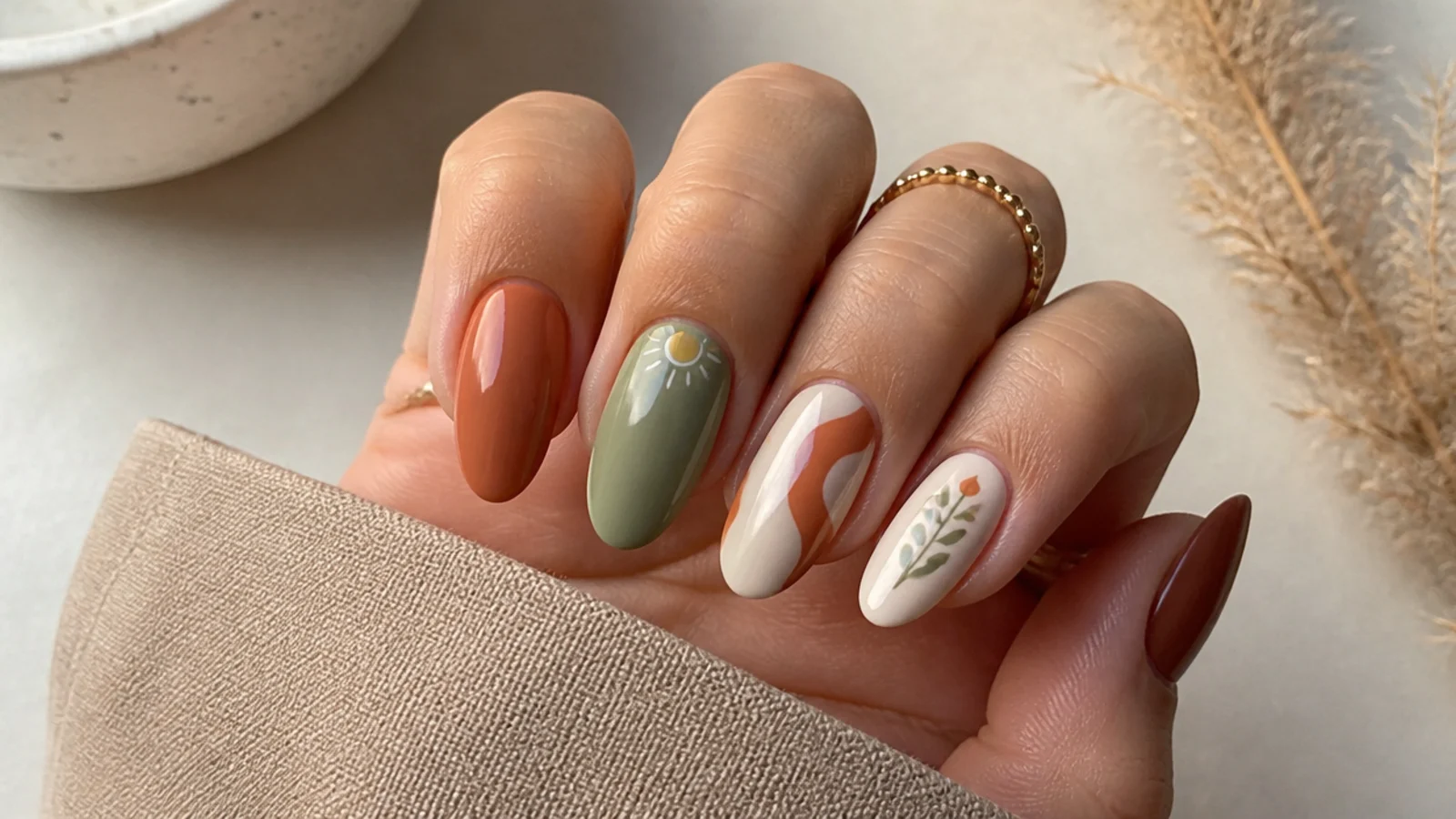 Boho nails color-blocked in terracotta, sage, cream and rust