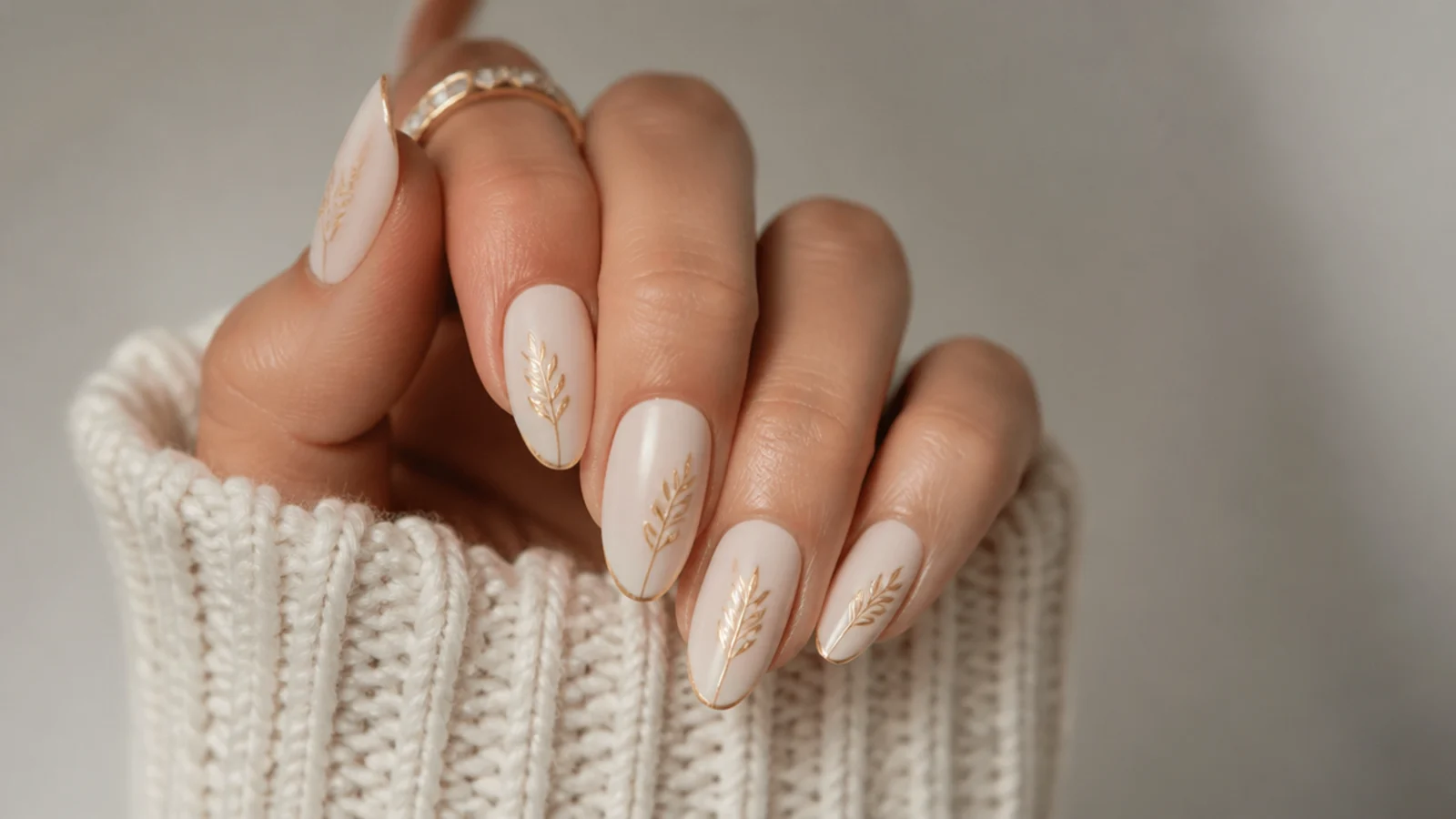 Cream boho nails with muted gold wheat sprig details