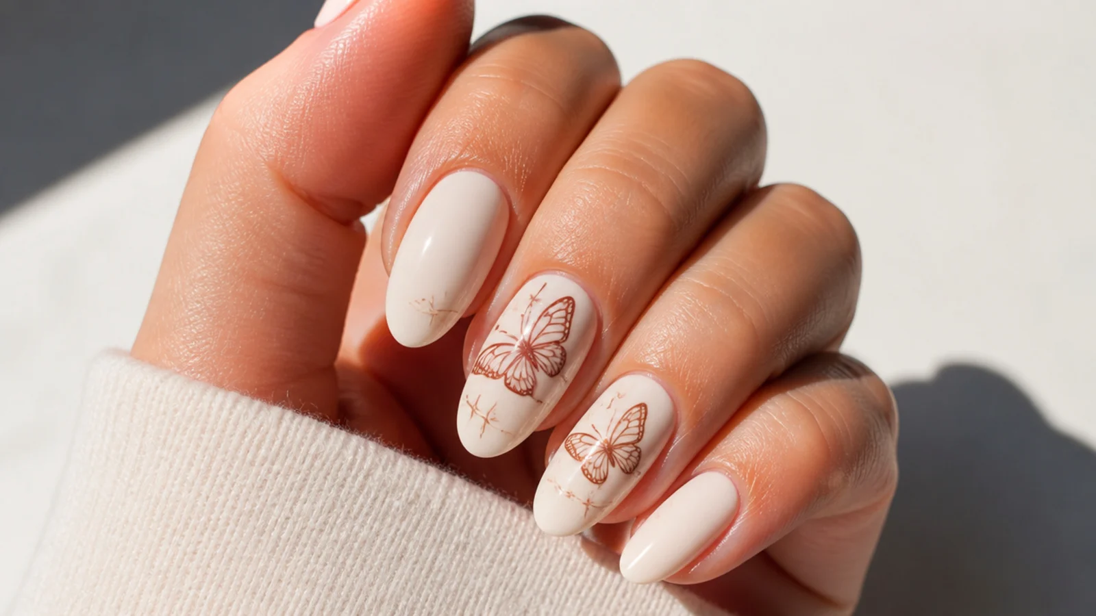 Cream boho nails with a cocoa and rust line-drawn butterfly