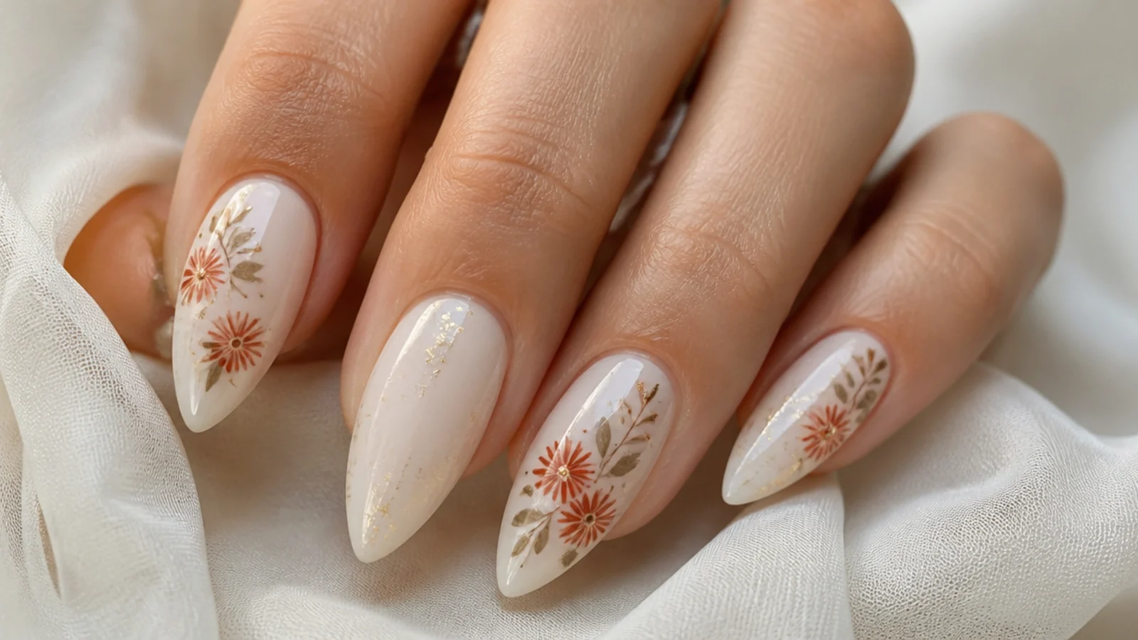 Soft cream boho bridal nails with delicate rust floral and gold detail