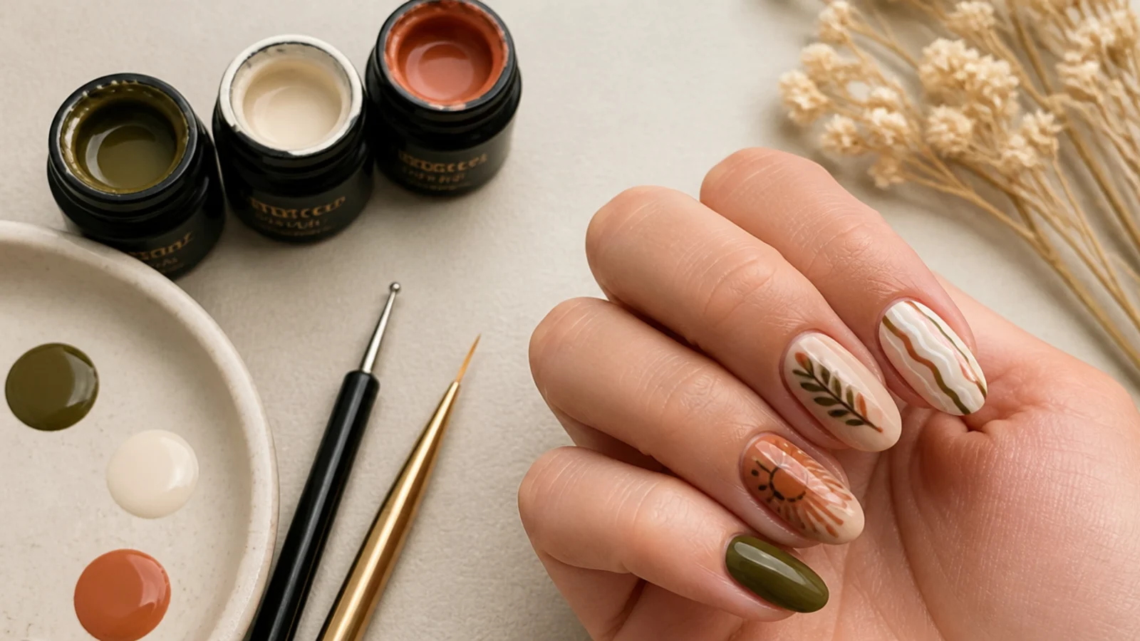 Boho nail supplies with a dotting tool, liner brush and earthy gels mid-design