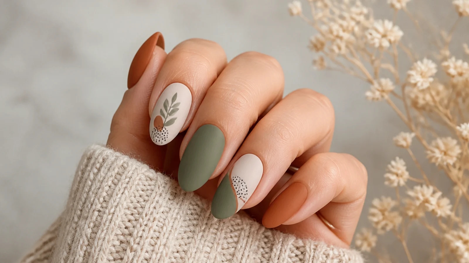 Warm terracotta and sage boho nails on an almond shape with a matte finish