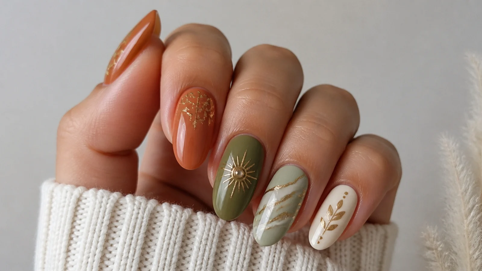 Swatches of terracotta, rust, olive, sage, cream and gold boho nail colors