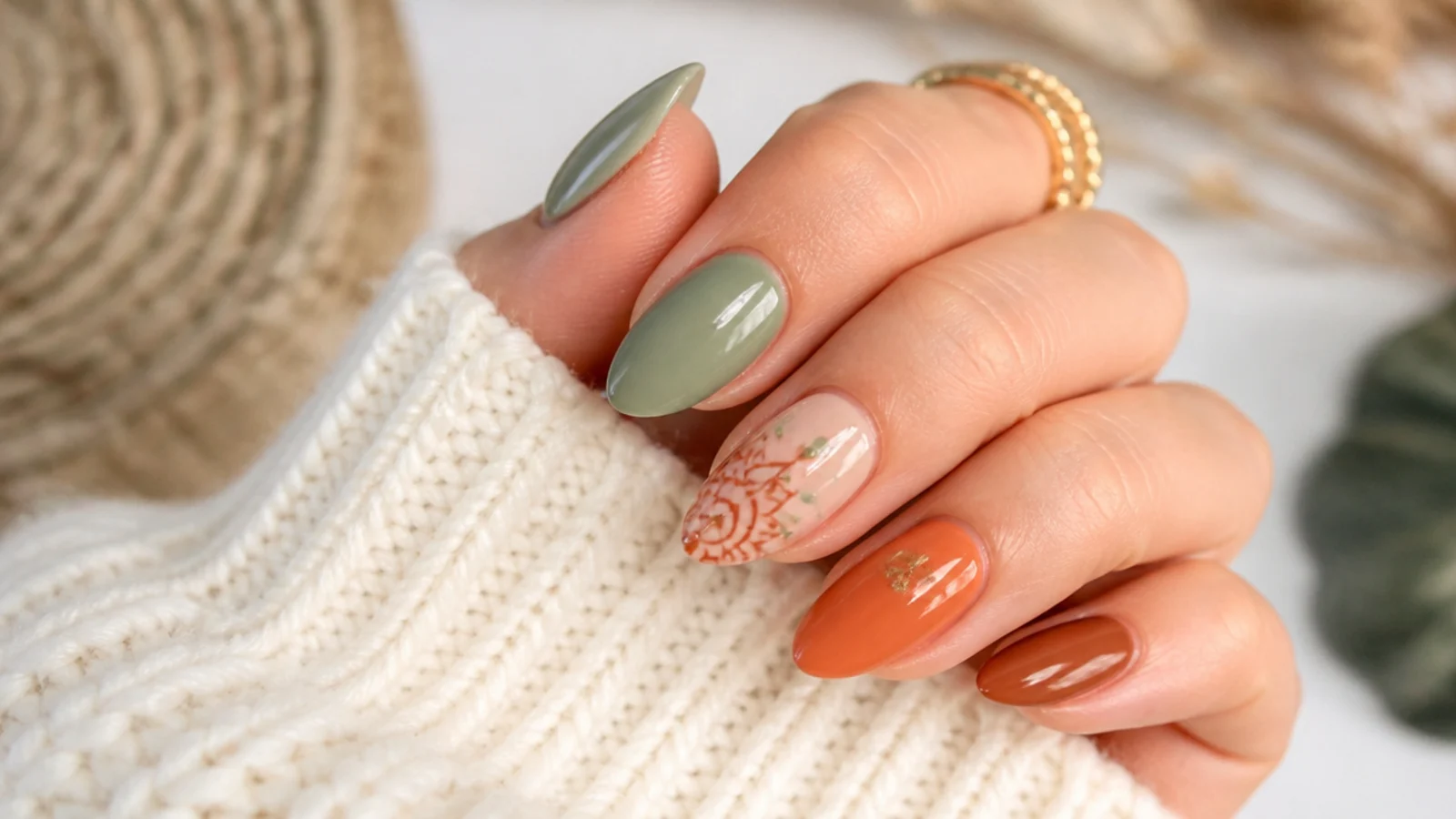 Earthy terracotta and sage boho nails with a hand-drawn mandala
