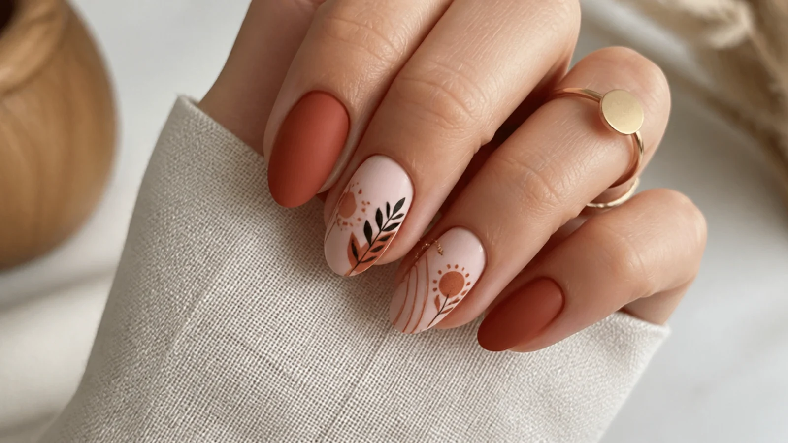 Matte terracotta boho nails on a short almond shape with a natural finish