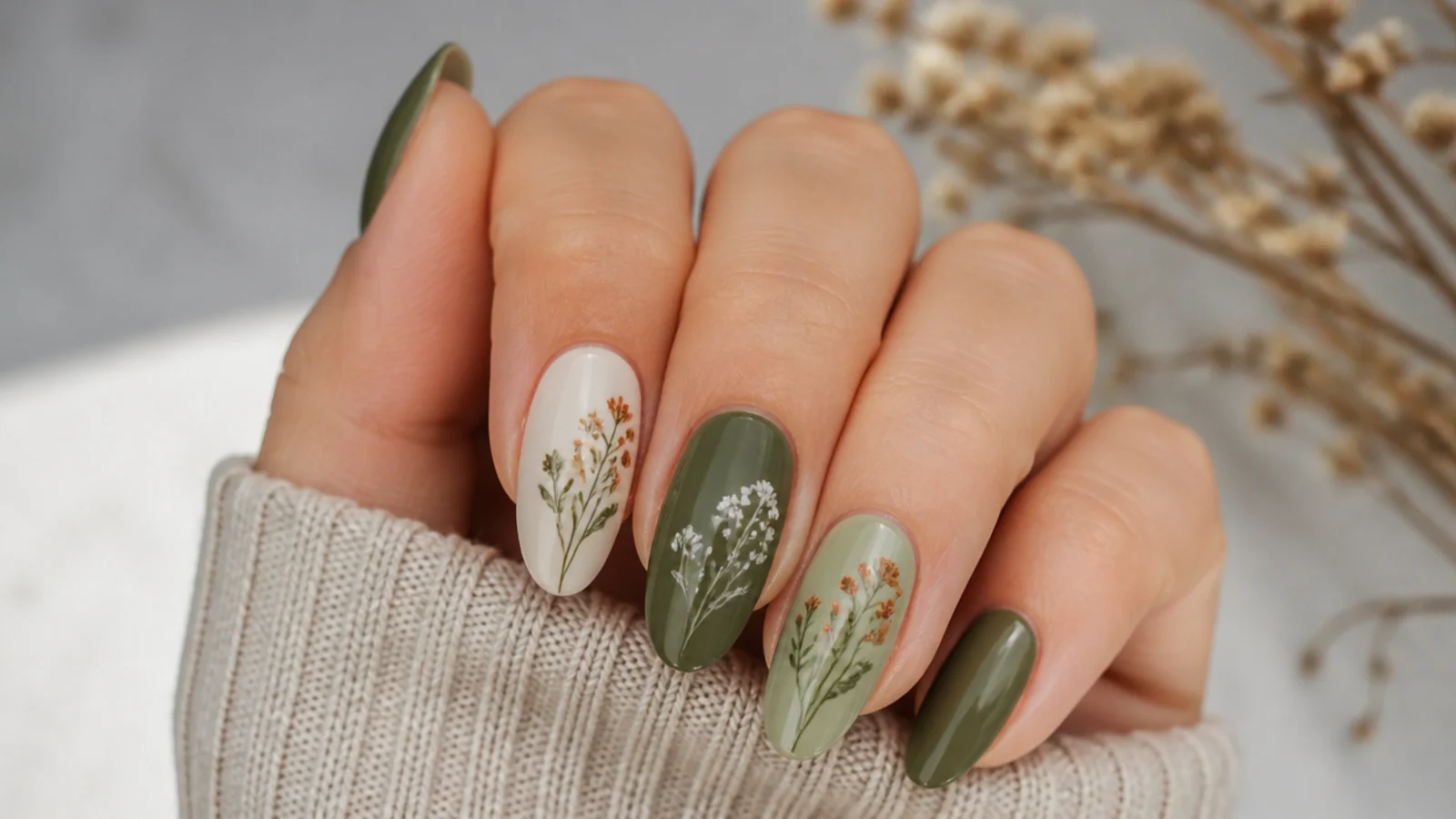 Olive green boho nails with cream and rust wildflower sprigs