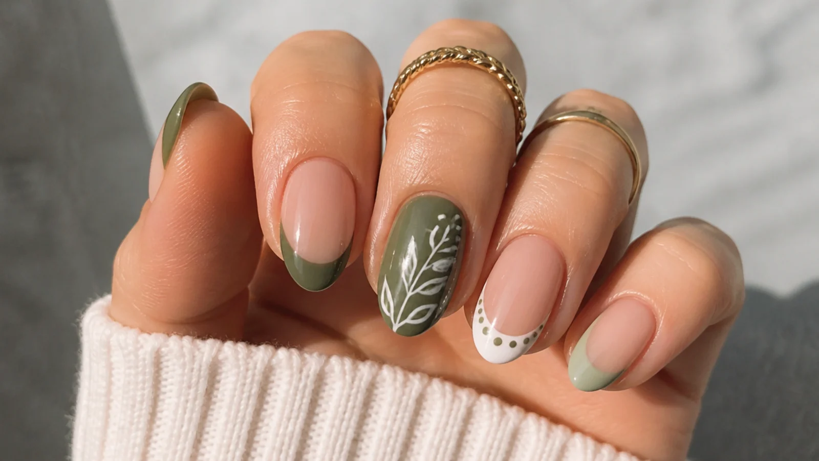 Sage green and cream French tip boho nails on an oval shape