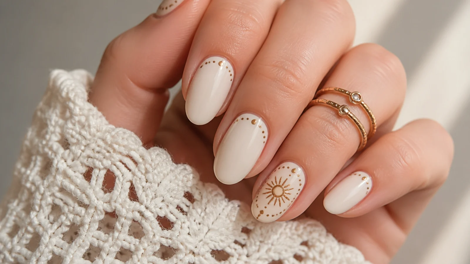 Cream boho nails with a muted gold sun motif on one accent nail