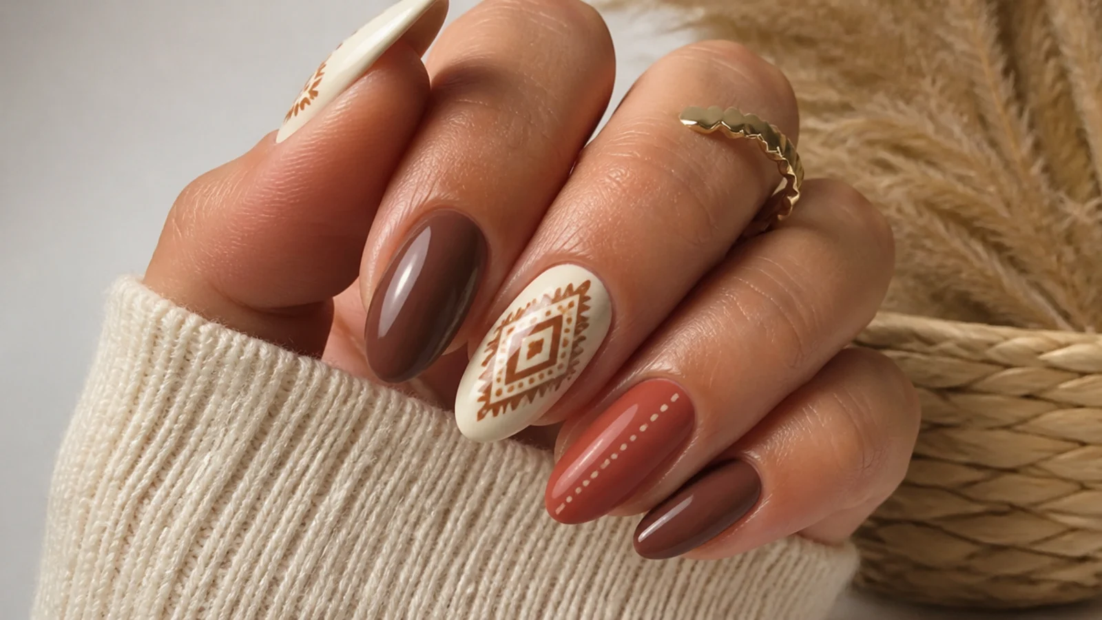 Warm brown boho nails with cream and rust aztec western line details