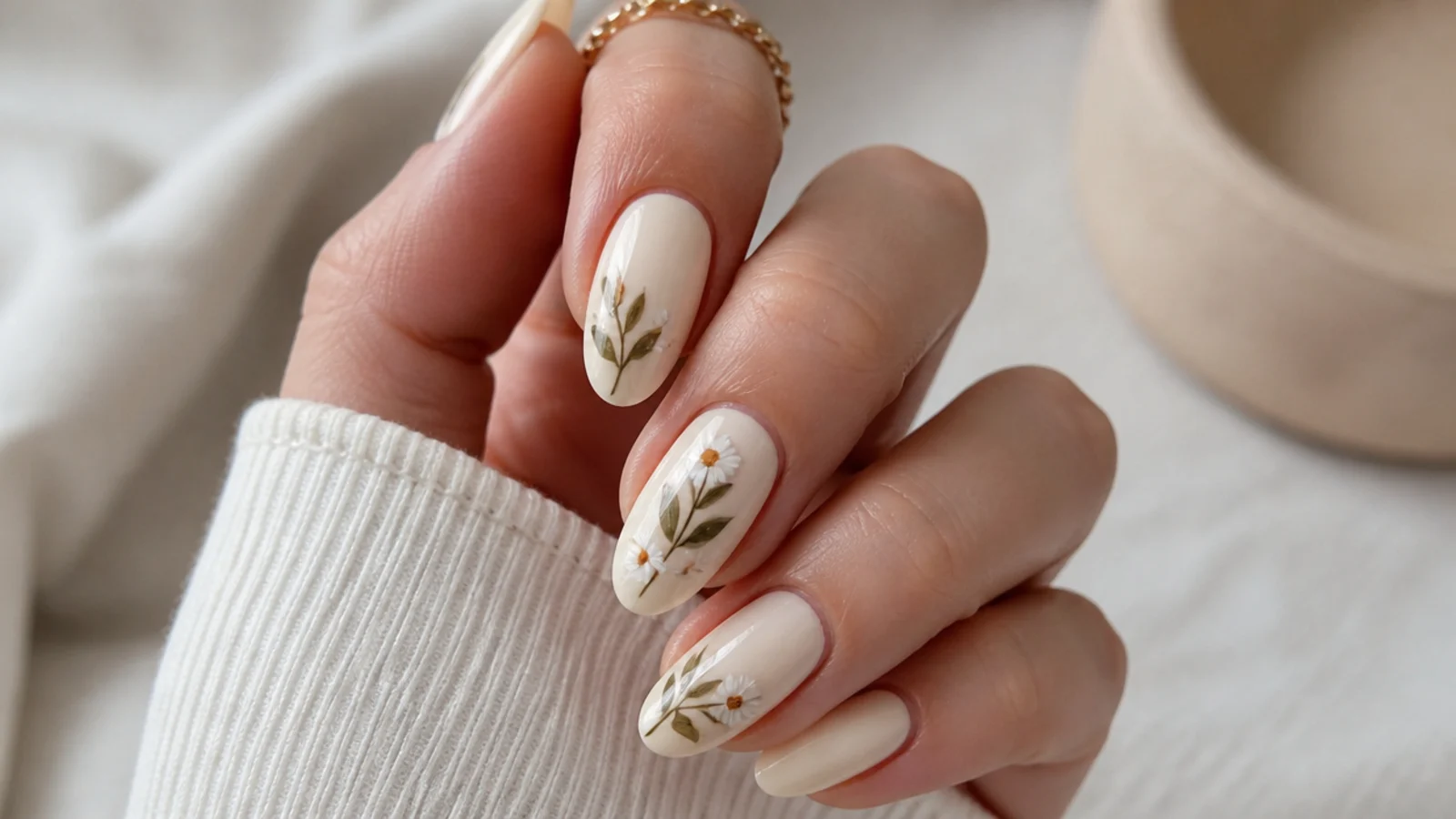 Cream boho nails with small hand-painted daisies and olive leaves