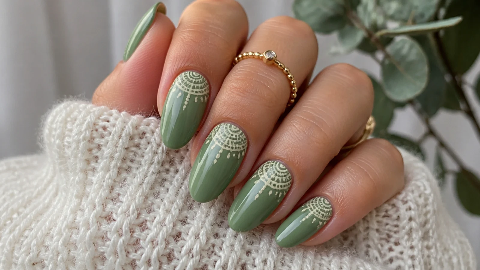 Sage green boho nails with a cream half-mandala at the cuticle
