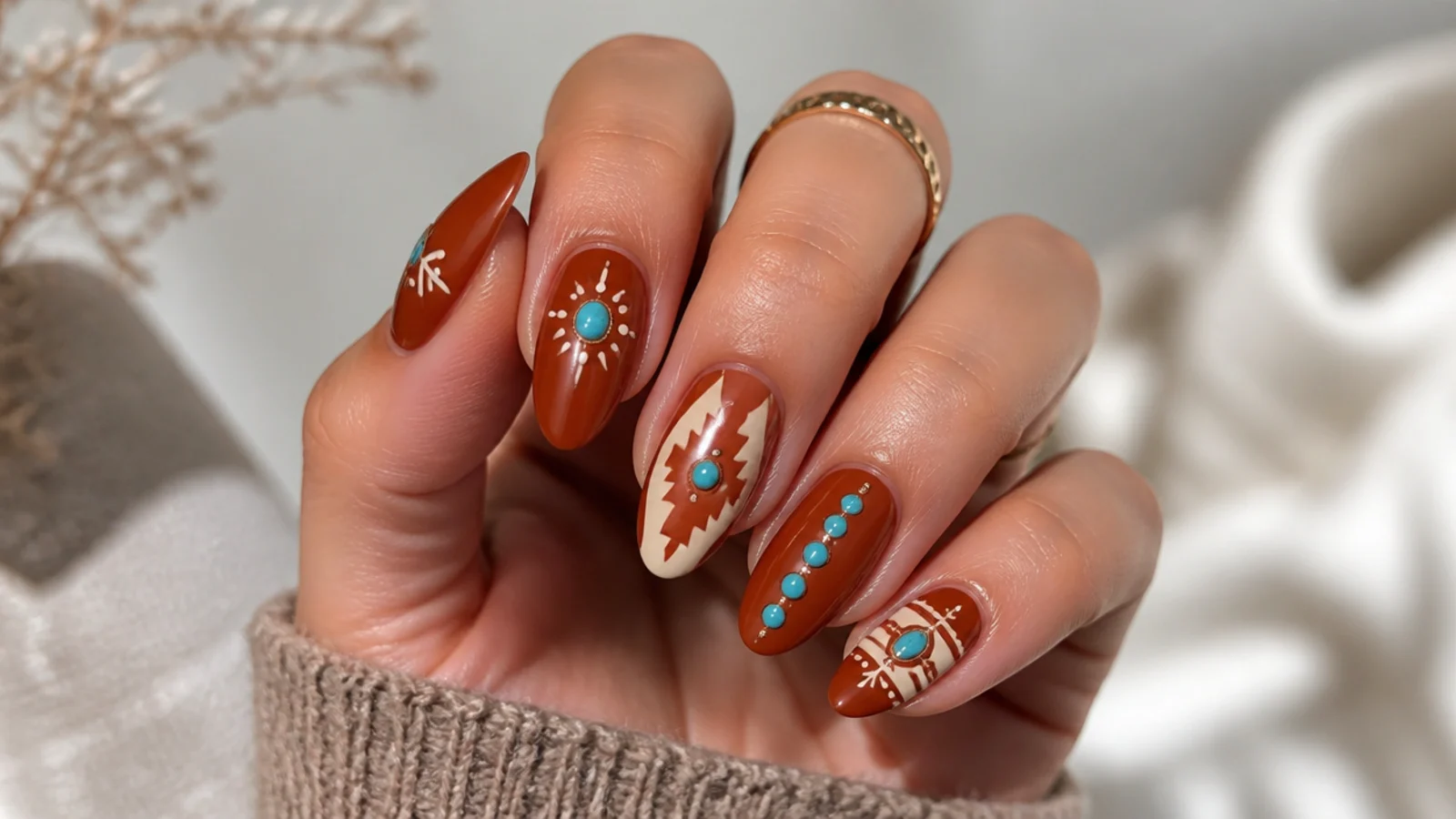Rust boho nails with turquoise stone dots and cream southwest details