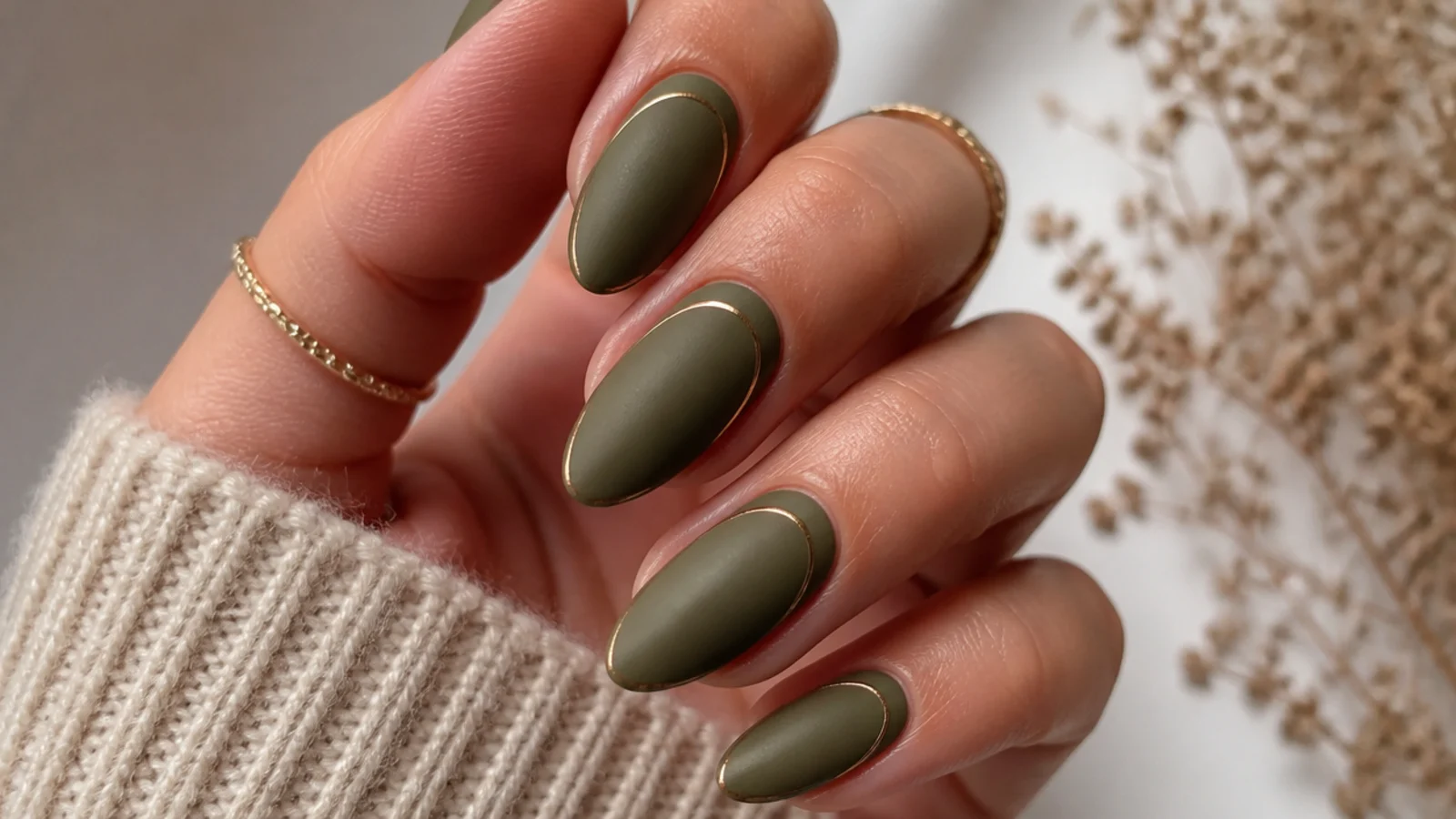 Matte olive boho nails with thin muted gold tip lines