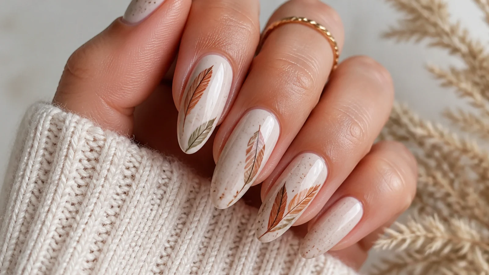 Cream boho nails with a hand-painted rust and olive feather motif