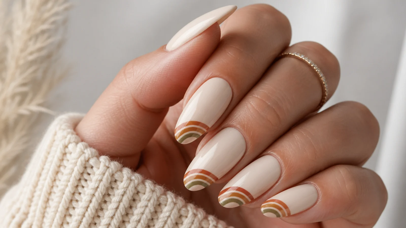 Cream boho nails with muted terracotta, olive, mustard and rust rainbow tips