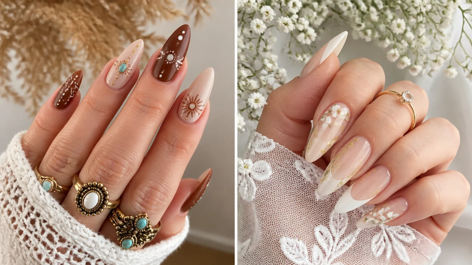 Boho nails styled for a festival and an outdoor wedding side by side