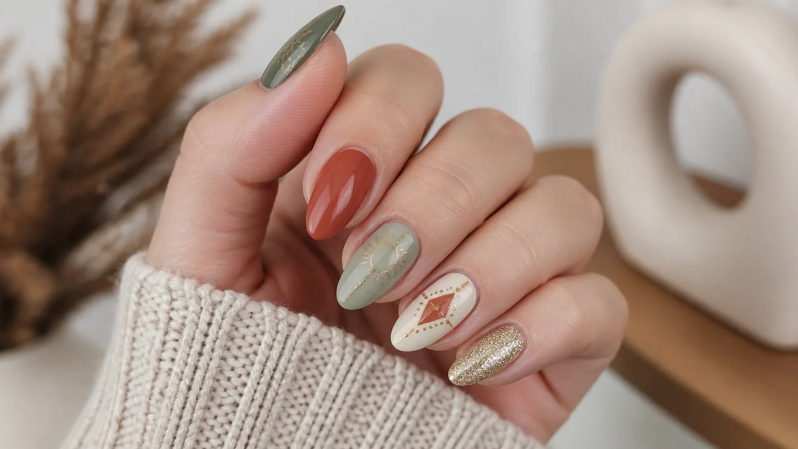 Swatches of terracotta, rust, olive, sage, cream and muted gold boho colors