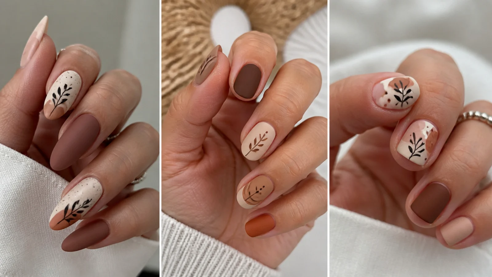 Almond, oval and short boho nails with matte earth-tone finishes