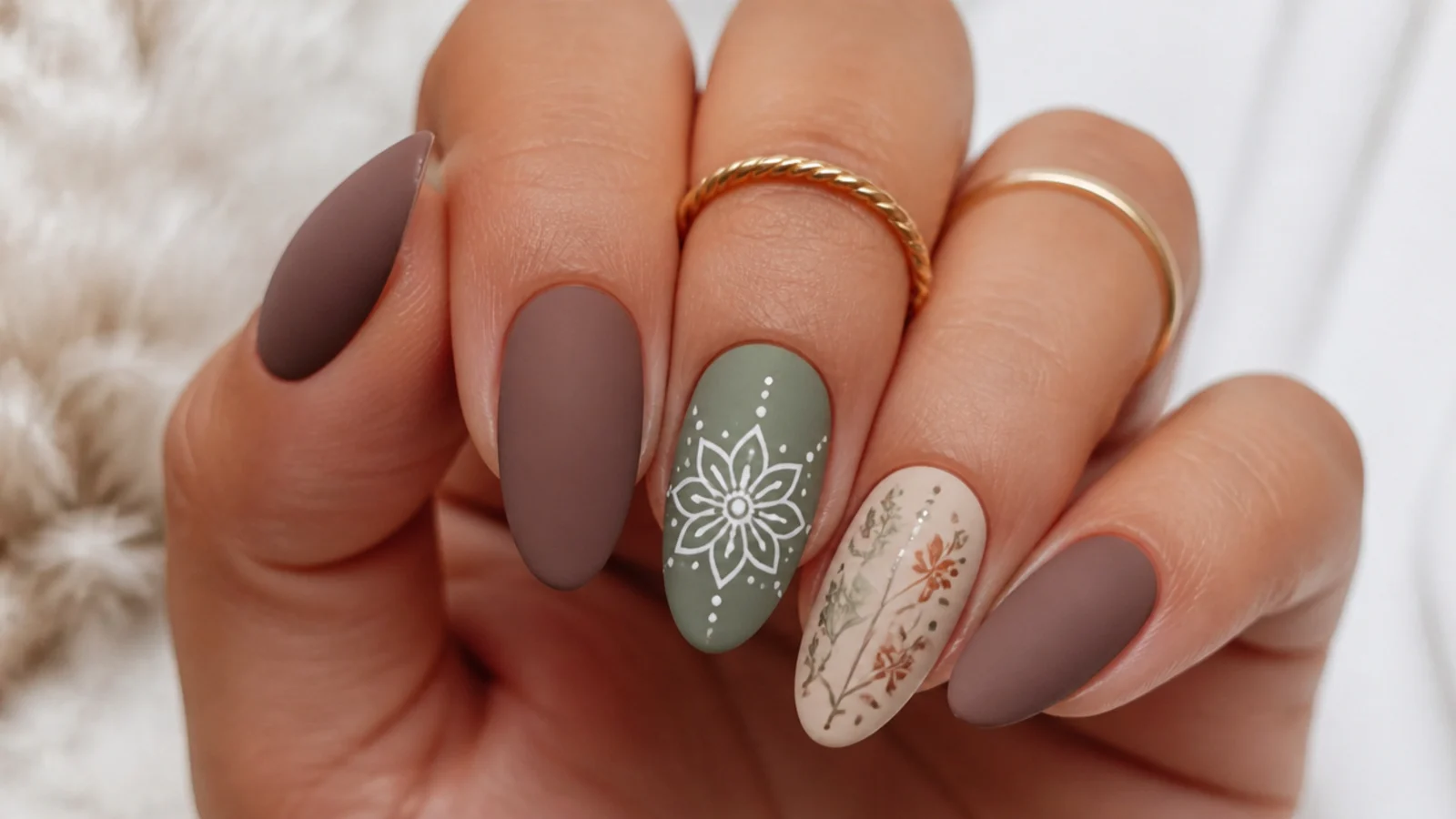 Matte earth-tone boho nails with a hand-drawn mandala and loose florals