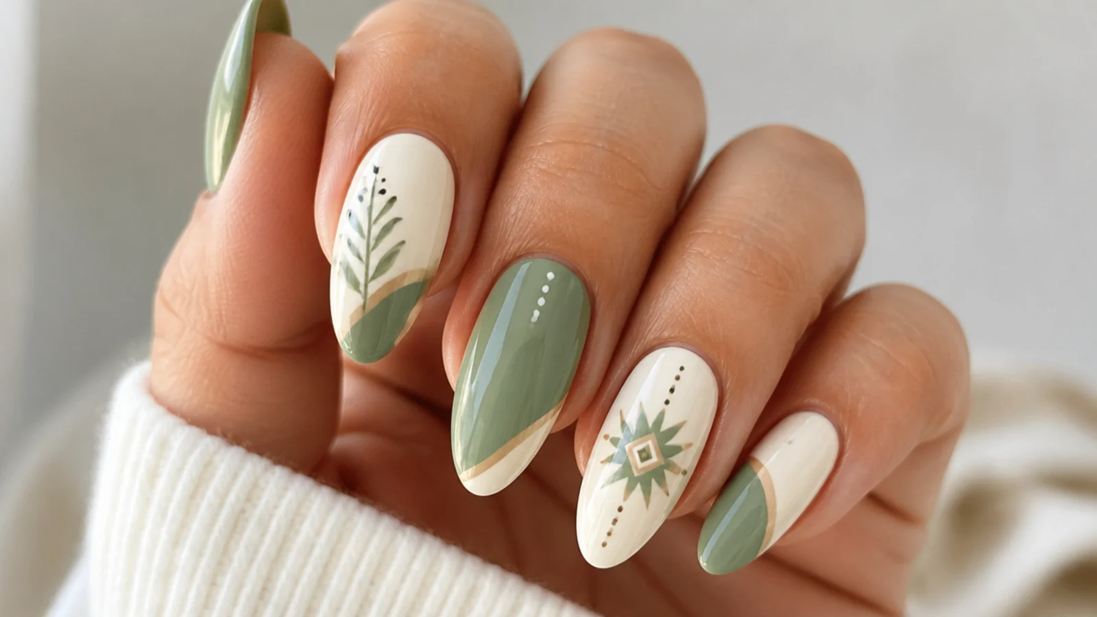 Sage green and cream colorblock boho nails on an almond shape