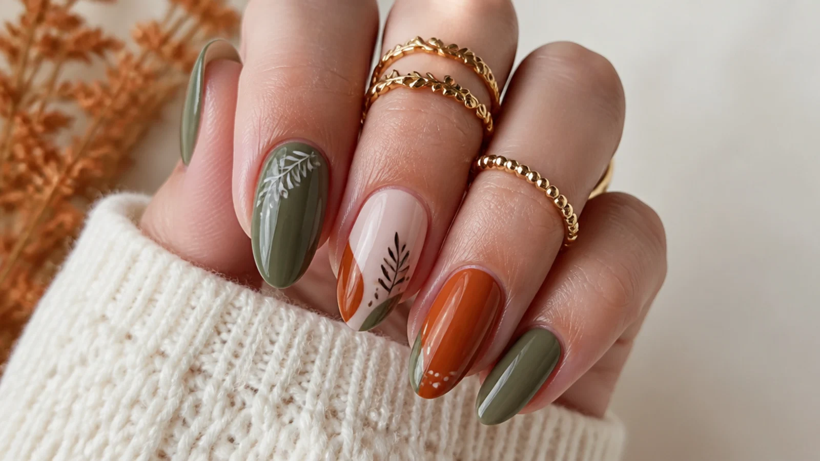 Rust orange and olive green colorblock boho nails
