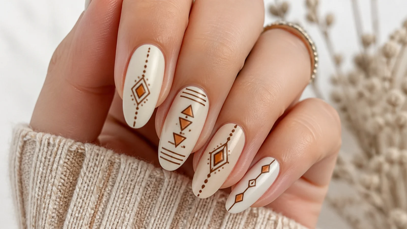 Cream boho nails with brown and rust aztec tribal line patterns