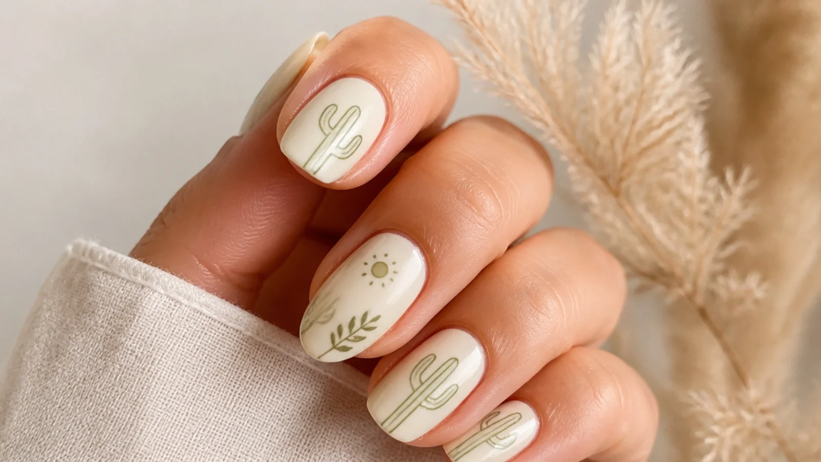 Cream boho nails with small olive green cactus line art