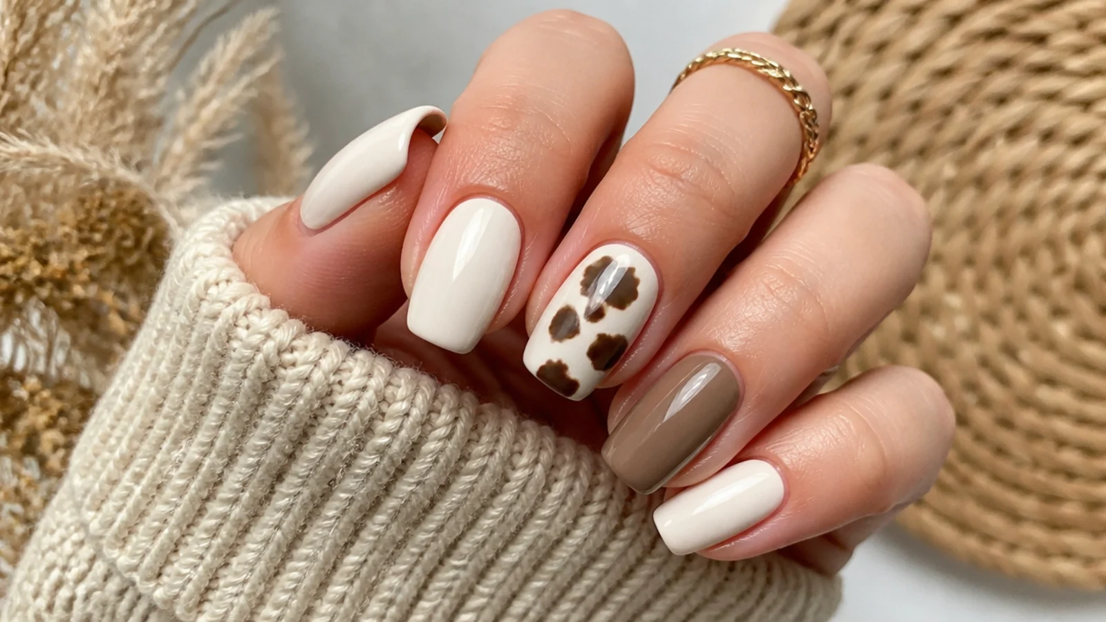 Cream boho nails with brown cowhide print accent nail