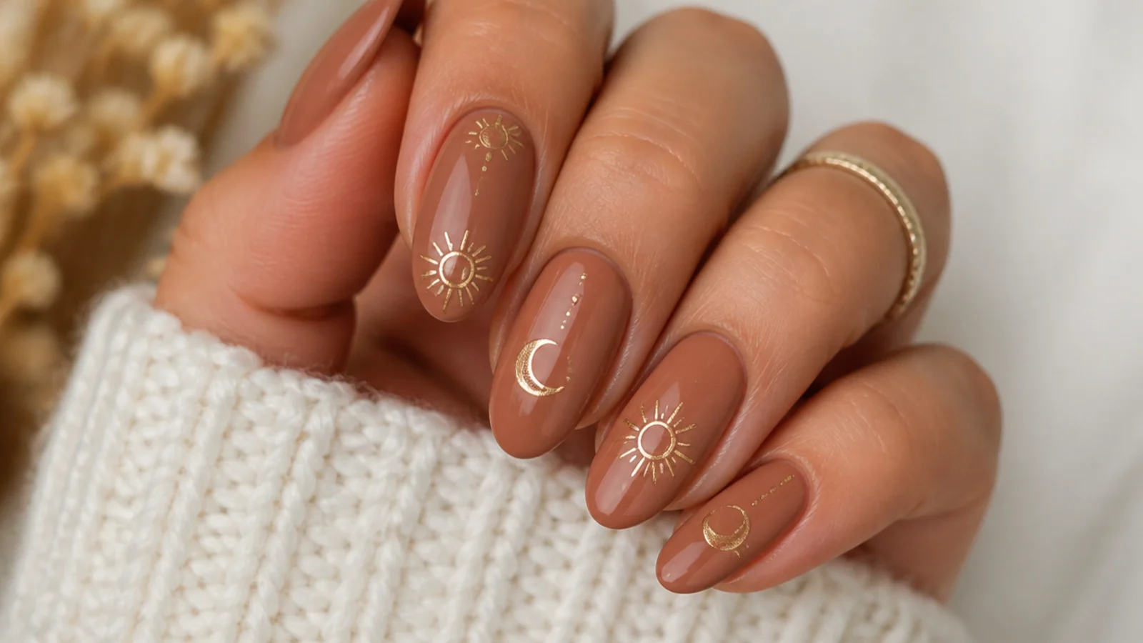 Tan boho nails with muted gold sun and crescent moon line art