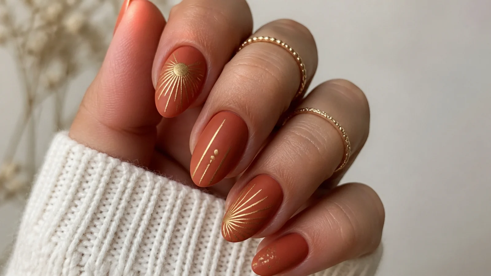 Terracotta boho nails with a radiating muted gold sunburst