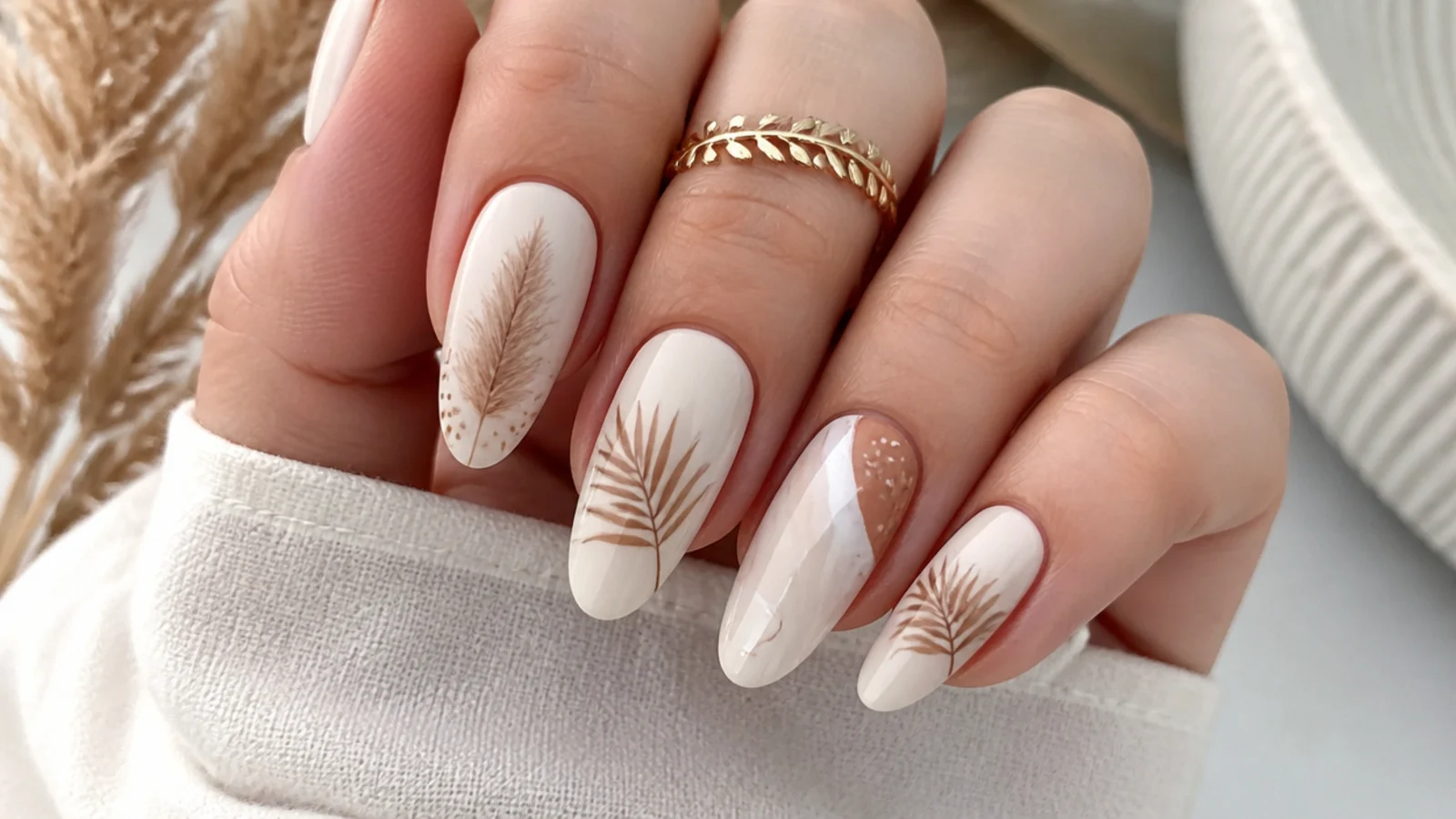 Cream boho nails with tan pampas grass and palm frond line art