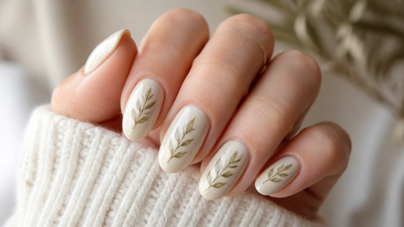 Cream boho nails with olive green leaf branches