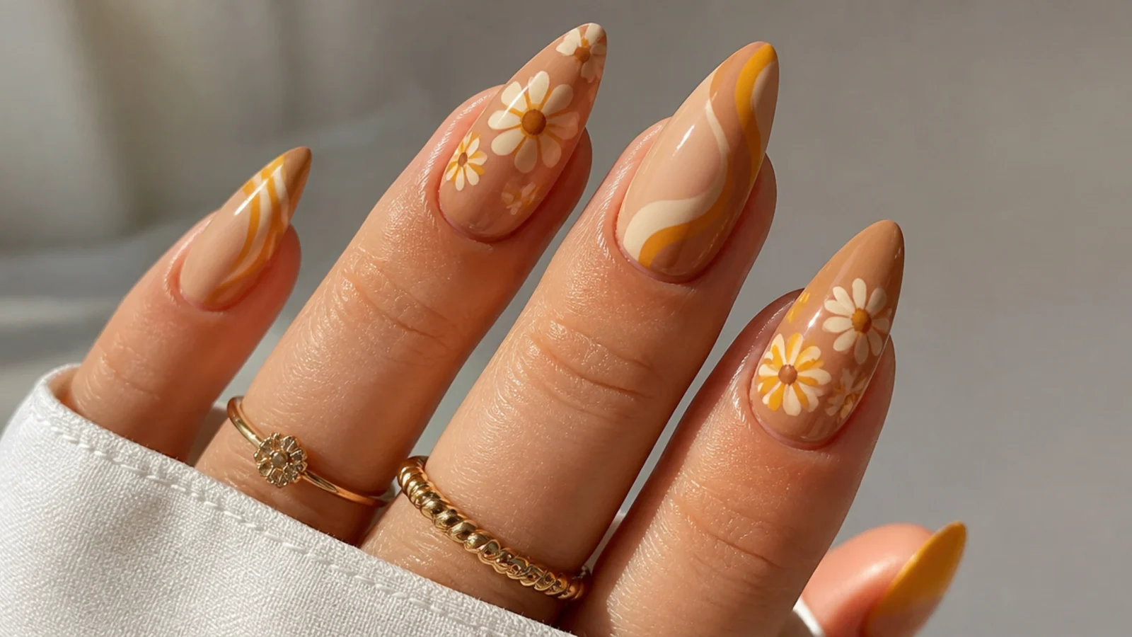Tan boho nails with cream and mustard retro daisies