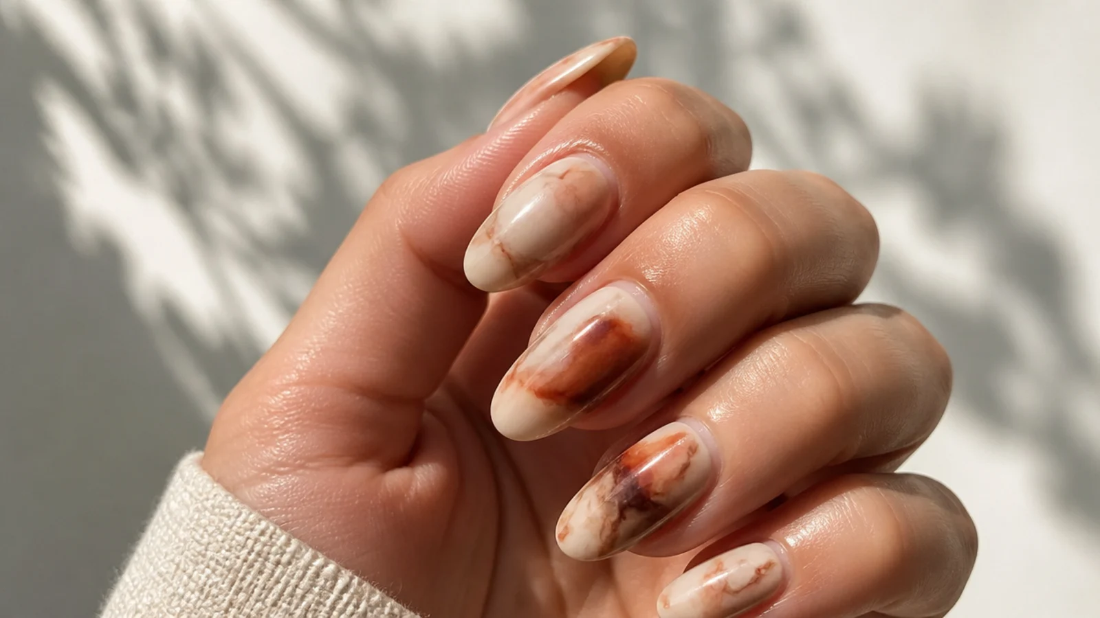 Cream boho nails with hazy rust and brown smoky marble